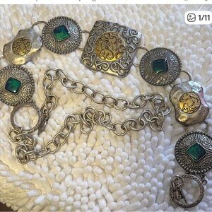 Chico's Silver and Gold Chain Belt with Green Accents